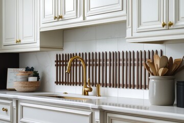 Wall Mural - Gold faucet, wooden backsplash, kitchen sink, white cabinets, home decor