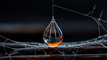 Poster - A close-up of a water droplet resting on a spider web, capturing intricate details and reflections against a dark background.