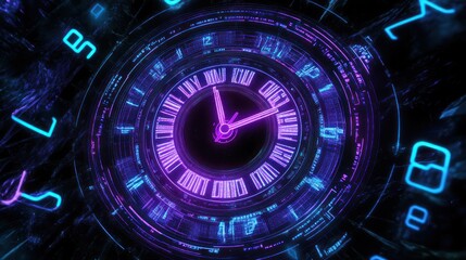 Poster - Futuristic Clock: A Neon Timepiece in Digital Space