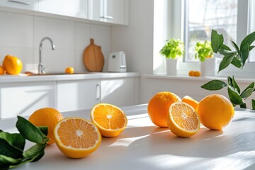 Wall Mural - Sunlit kitchen table, oranges, bright interior, healthy food