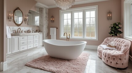 Wall Mural - A bathroom with a large white bathtub and a pink couch. The bathroom is decorated in a luxurious and elegant style