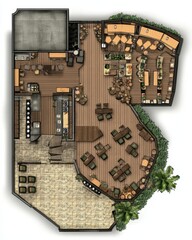 Fototapete - Restaurant Floor Plan Design Rustic Wooden Theme Outdoor Seating Area Bar Kitchen