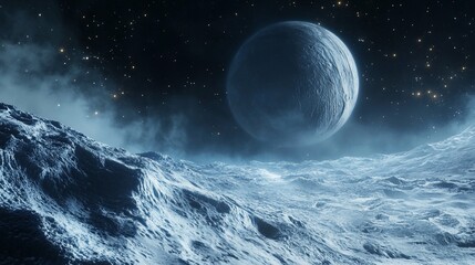 Wall Mural - A serene view of a distant moon or planet, with its rugged terrain and starry sky creating an ethereal space scene
