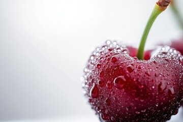 Wall Mural - Dewy red cherry macro shot, bright background, food