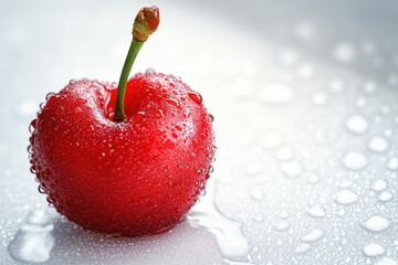 Wall Mural - Juicy red cherry, water droplets, close-up, reflective surface, food photography