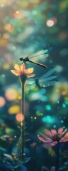 Wall Mural - Dragonfly on flower, bokeh background, garden, nature