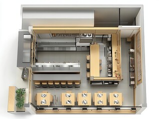 Fototapete - Restaurant Floor Plan Design: Modern Kitchen and Dining Area Layout, Top View Perspective