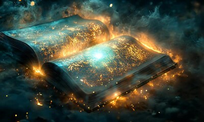 Wall Mural - An open book surrounded by glowing sparks and smoke, evoking a sense of magic and mystery.