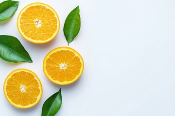 Wall Mural - Fresh orange slices, leaves, white background, food photography, website banner