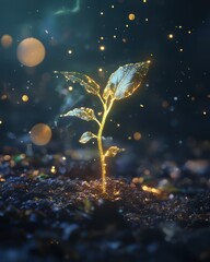 Golden sprout growing, dark soil, magical background, growth concept