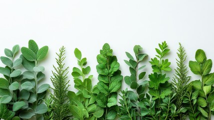 Wall Mural - Assorted green leaves arranged on white background.