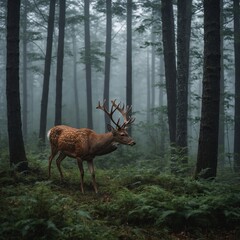 Wall Mural - Describe the elegant movement of a deer as it steps silently through a misty forest.