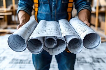 Poster - Architect holding rolled blueprints, standing confidently,