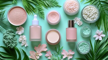 Poster - Natural Beauty Cosmetics Layout with Green Leaves and Flowers