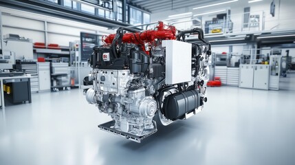 Poster - Heavy-duty truck engine displayed in a clean workshop environment.