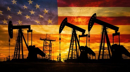 oil pumps silhouetted against a sunset with american flag backdrop, symbolizing energy production, u