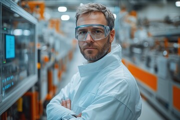 Leinwandbilder - Engineer standing in a modern factory, wearing protective gear, surrounded by advanced machinery,