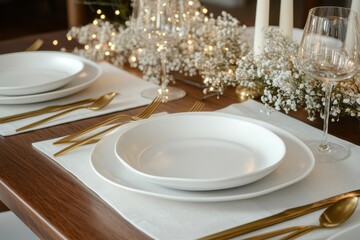 Poster - Elegant table setting, dinner, home, festive lights, romantic, wood