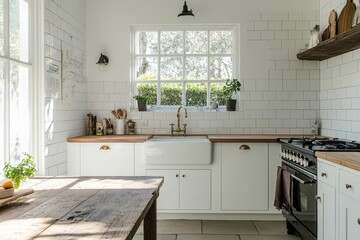 Wall Mural - Farmhouse kitchen, sunlight, window, rustic table, white tiles, cooking