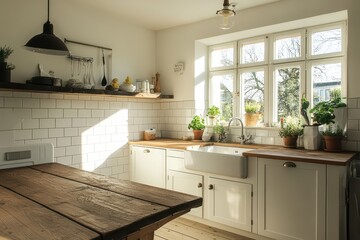 Wall Mural - Sunny kitchen, farmhouse table, window view, plants, home design