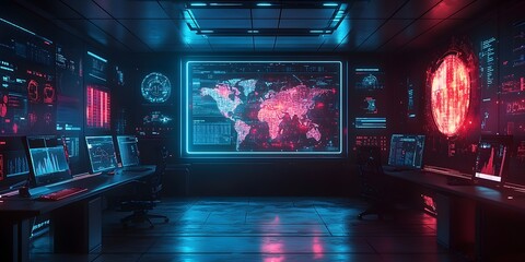 Poster - Computer room with a large screen showing a map of the world