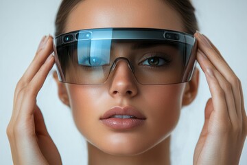 Poster - Holding augmented reality glasses, discussing their use in business or education,
