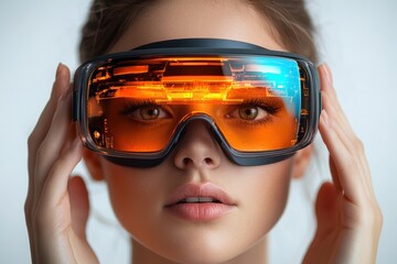 Poster - Holding augmented reality glasses, discussing their use in business or education,
