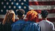 © felix_brönnimann - Group of diverse friends standing in front of American flag, showcasing unity and patriotism, celebrating community, culture, and shared values of America.