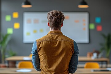 Poster - Standing beside a smartboard in a brainstorming area, writing down ideas,