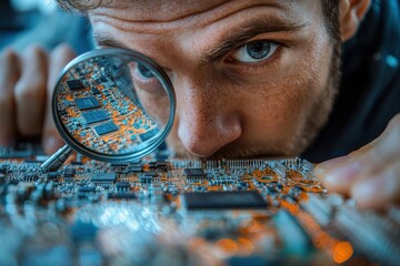 Poster - Student engineer with a magnifying glass, inspecting a microchip as part of a futuristic research project,