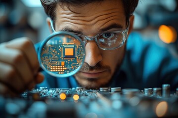 Poster - Student engineer with a magnifying glass, inspecting a microchip as part of a futuristic research project,