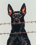 Barbed wire fence with a black Dobermann dog.