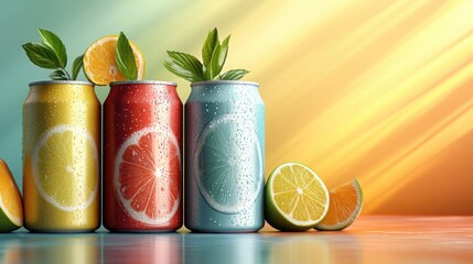 Wall Mural - Vibrant tin cans featuring various fruit drinks showcase playful designs against a soft pastel background, creating an inviting and refreshing atmosphere.