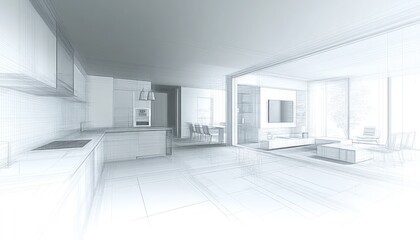 Fototapete - Modern Apartment Open Concept Wireframe Design