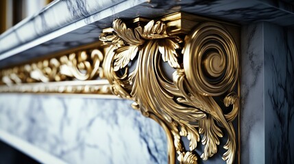 Ornate gold leaf detail on marble fireplace mantel.