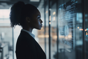 Poster - woman in a suit is looking at a computer screen with a digital image of a fingerprint. The image is blurry and the woman is focused on it. Concept of technology and security