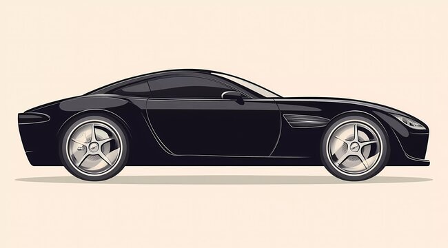 Black vector car on a white background. Vector illustration of a black luxury sports coupe with chrome elements, gray wheels, and a body. Flat cartoon design for a web banner or print, commercial phot