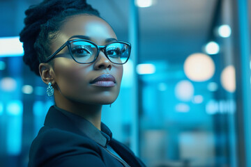 Poster - woman wearing glasses and a black jacket stands in front of a window. The image has a moody and mysterious feel to it, as the woman's gaze is directed towards the camera
