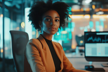 Poster - woman in a business suit sits at a desk with a computer monitor in front of her. She is wearing earrings and a necklace