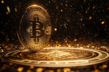 Aufkleber - golden coin with the letter B on it is on a table. The coin is surrounded by a lot of glitter, giving it a shiny and luxurious appearance