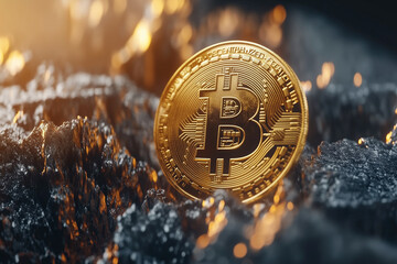 Aufkleber - gold coin with the letter B on it is sitting on a pile of rocks. The image has a dark and moody atmosphere, with the rocks and the fire in the background