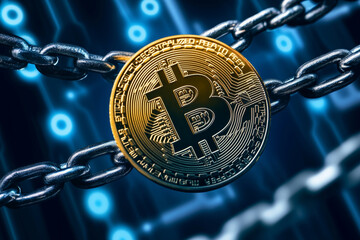 Aufkleber - golden bitcoin  on it is chained to a chain. The chain is blue and the background is blue as well