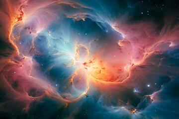 a vibrant abstract nebula with pink, blue and orange colors.