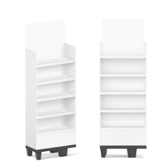 five shelf side display with base mockup for sale point. vector illustration on a white background. 
