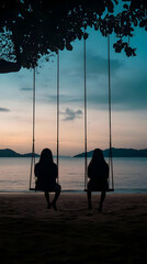 Poster - Silhouetted Figures Swing Peacefully on a Beach at Sunset