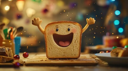Poster - A happy slice of bread with arms raised, celebrating in a vibrant kitchen setting filled with festive decorations and a playful vibe