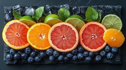 Assorted slices of fresh citrus fruits, including lime, orange, and grapefruit, artfully arranged with ice cubes and blueberries on a stylish vertical dark marble surface, creating a refreshing visual