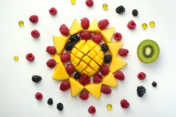 Poster - Mango, raspberries, blackberries, kiwi, and supplements arranged artfully.