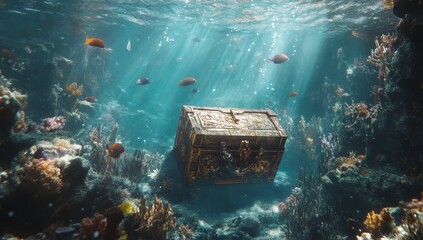 Poster - Sunlit underwater scene with antique chest resting on vibrant coral reef, surrounded by fish.