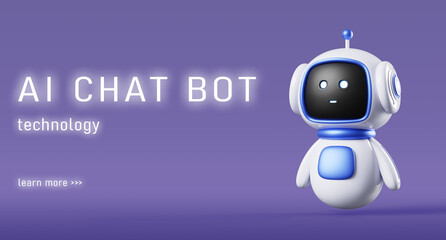 Fototapete - AI chat bot technology 3d banner. Cute robot bot character with artificial intelligence render. Virtual digital assistant chatbot mascot. Online communication, support service concept. 3D illustration